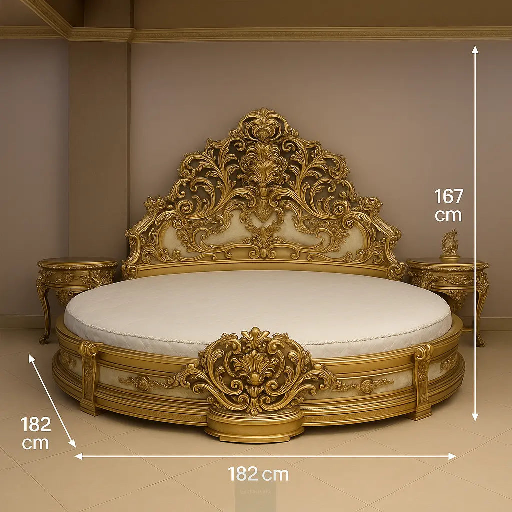 AARIJ MART Wooden Craving Bed (Round Shaped) Teak Wood with Luxury Carving Work and Beautiful interiors for Royal Bedrooms/sharanpur (Golden Polish) Queen