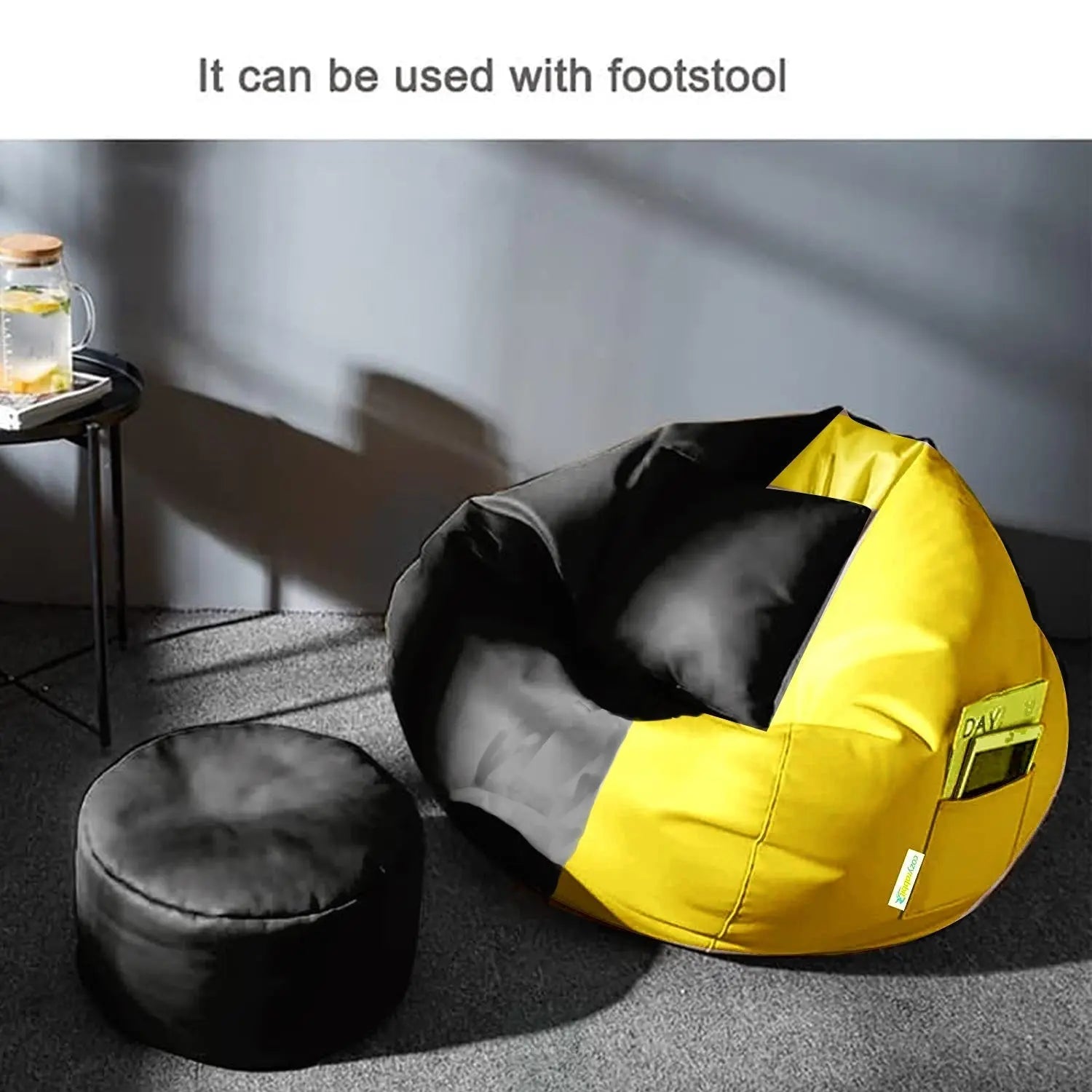 ZenLiving® 4XL Filled Bean Bag Combo – Faux Leather | Black & Yellow | Footrest + Cushion Zen Living