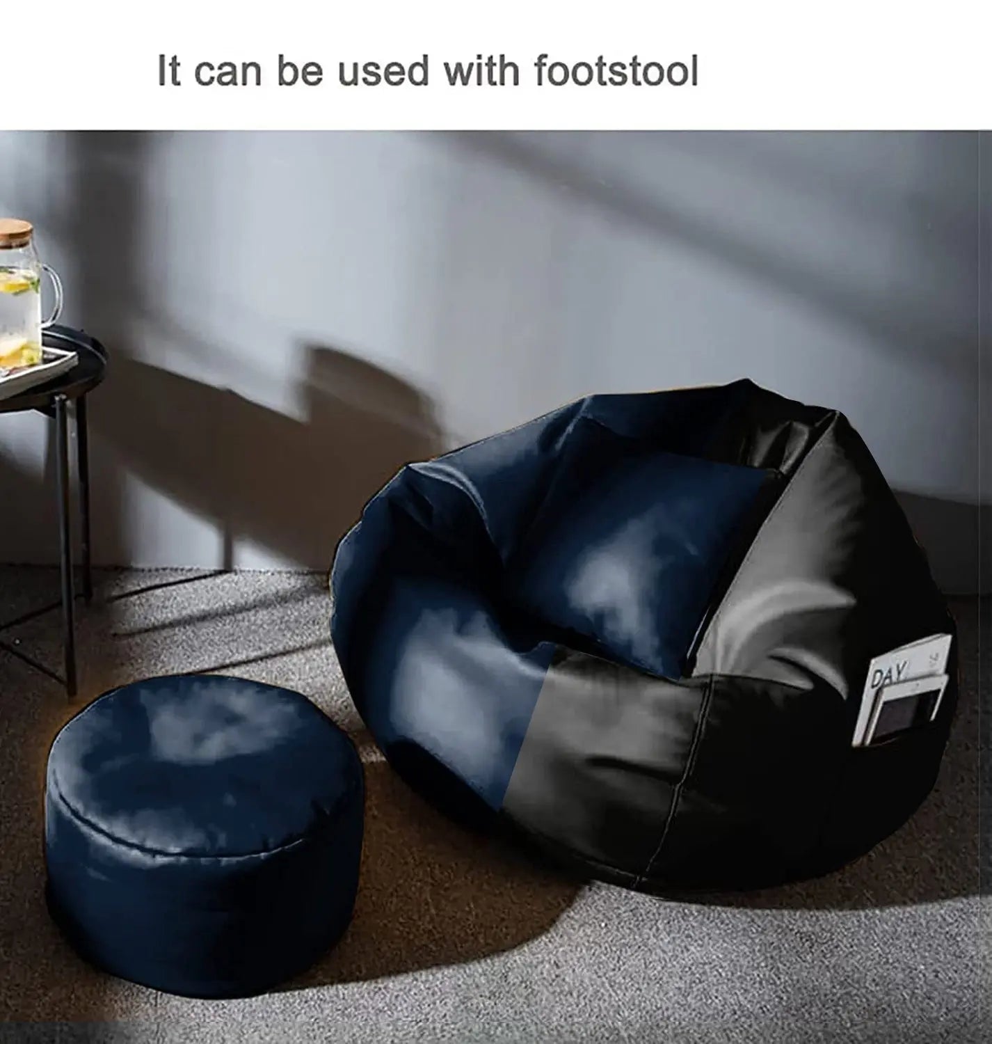 ZenLiving® 4XL Filled Bean Bag Combo – Faux Leather | Navy Blue & Black | Footrest + Cushion Zen Living
