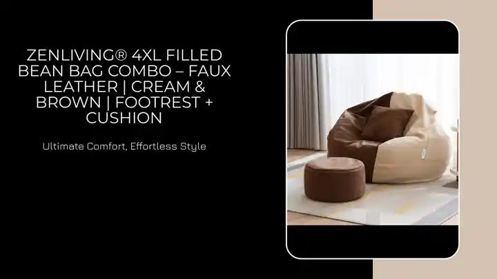 ZenLiving® 4XL Filled Bean Bag Combo – Faux Leather | Cream & Brown | Footrest + Cushion by@Outfy