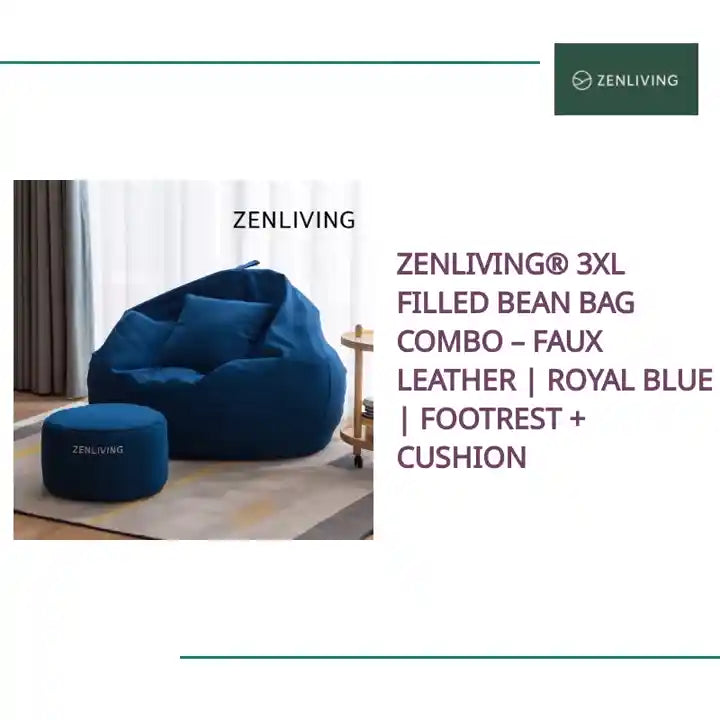 ZenLiving® 3XL Filled Bean Bag Combo – Faux Leather | Royal Blue | Footrest + Cushion by@Outfy