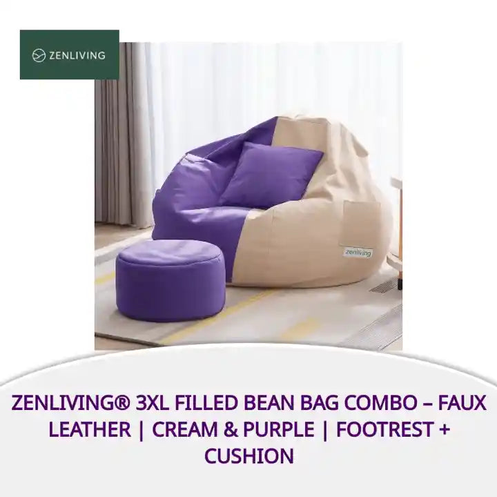 ZenLiving® 3XL Filled Bean Bag Combo – Faux Leather | Cream & Purple | Footrest + Cushion by@Outfy