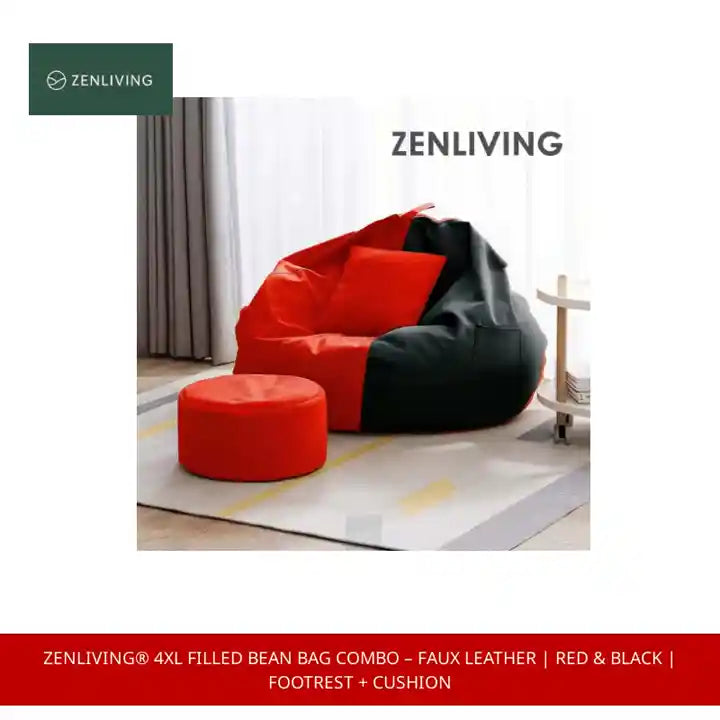 ZenLiving® 4XL Filled Bean Bag Combo – Faux Leather | Red & Black | Footrest + Cushion by@Outfy