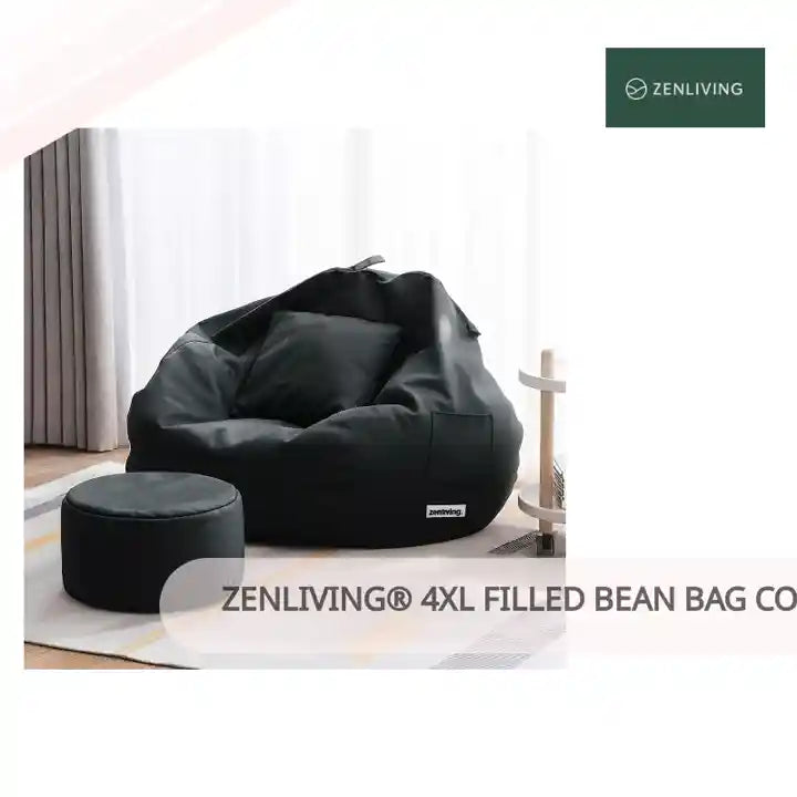 ZenLiving® 4XL Filled Bean Bag Combo – Faux Leather | Black | Footrest + Cushion by@Outfy