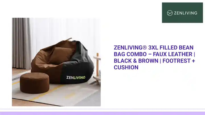 ZenLiving® 3XL Filled Bean Bag Combo – Faux Leather | Black & Brown | Footrest + Cushion by@Outfy