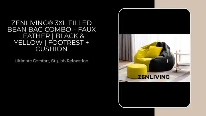 ZenLiving® 3XL Filled Bean Bag Combo – Faux Leather | Black & Yellow | Footrest + Cushion by@Outfy
