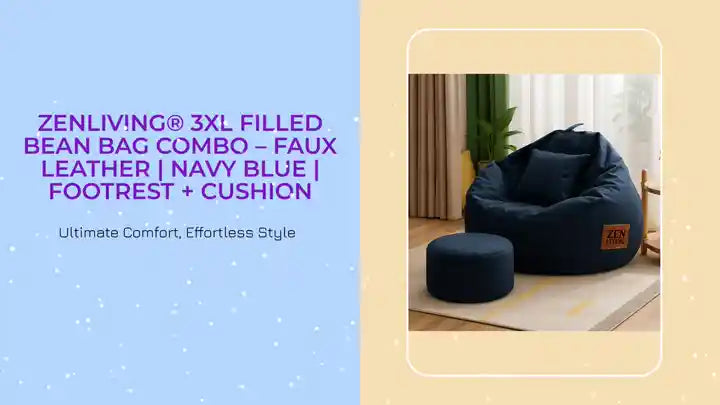 ZenLiving® 3XL Filled Bean Bag Combo – Faux Leather | Navy Blue | Footrest + Cushion by@Outfy