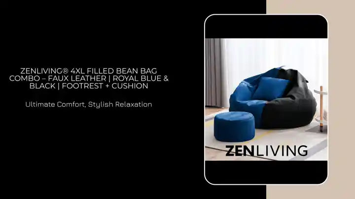 ZenLiving® 4XL Filled Bean Bag Combo – Faux Leather | Royal Blue & Black | Footrest + Cushion by@Outfy
