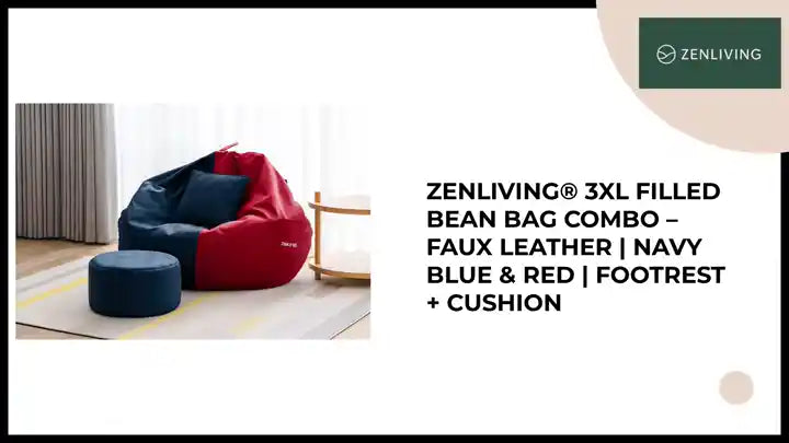 ZenLiving® 3XL Filled Bean Bag Combo – Faux Leather | Navy Blue & Red | Footrest + Cushion by@Outfy