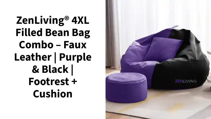 ZenLiving® 4XL Filled Bean Bag Combo – Faux Leather | Purple & Black | Footrest + Cushion by@Outfy