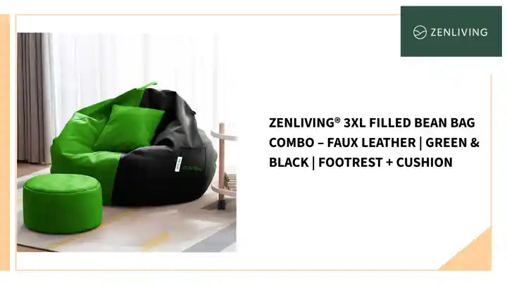 ZenLiving® 3XL Filled Bean Bag Combo – Faux Leather | Green & Black | Footrest + Cushion by@Outfy