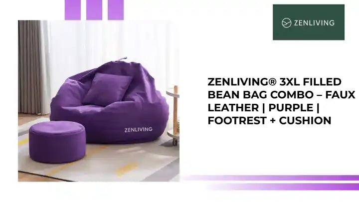 ZenLiving® 3XL Filled Bean Bag Combo – Faux Leather | Purple | Footrest + Cushion by@Outfy