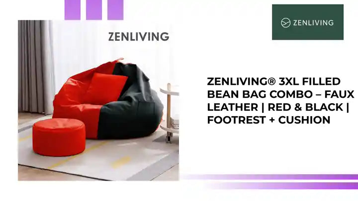 ZenLiving® 3XL Filled Bean Bag Combo – Faux Leather | Red & Black | Footrest + Cushion by@Outfy