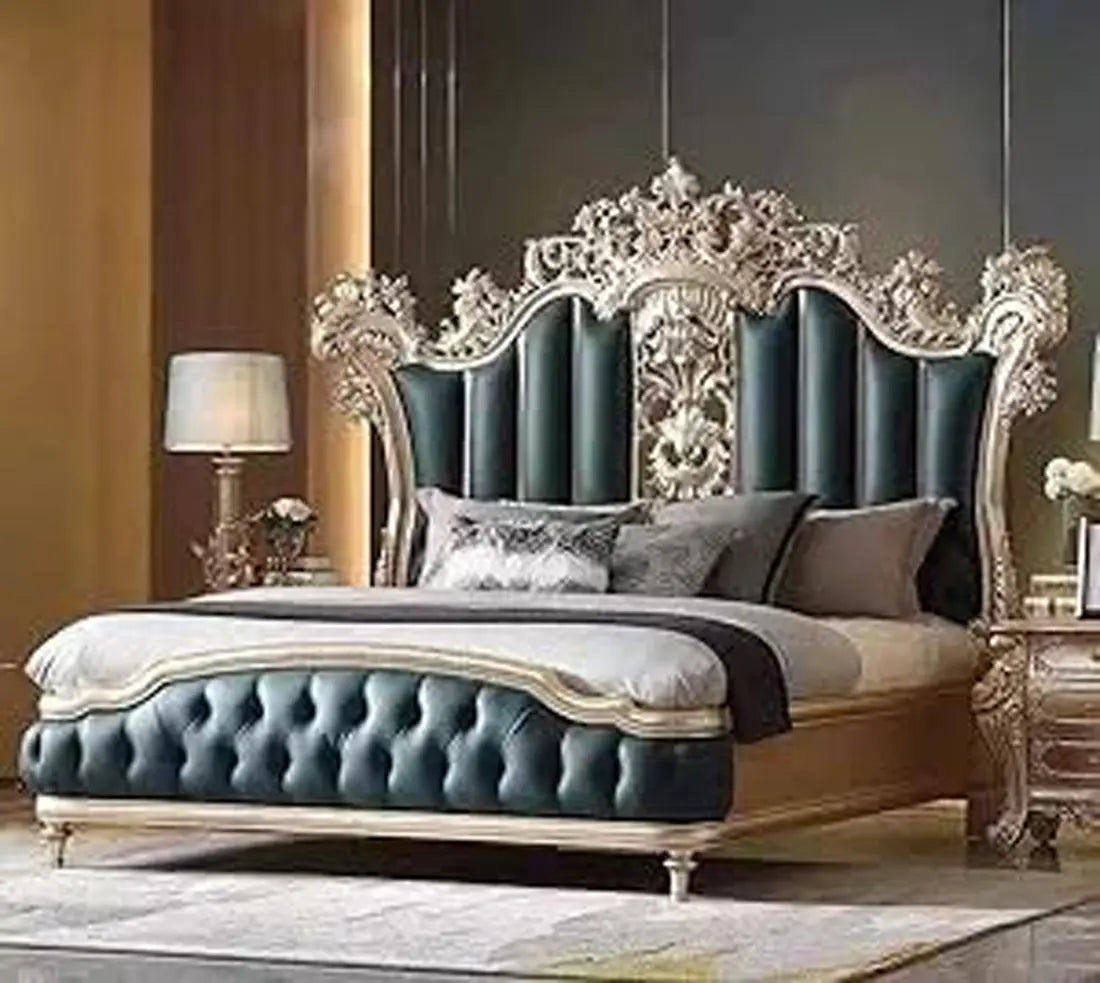 AARIJ MART Arts Solid Teak Wooden Carving Royal King Size Bed | Luxury Bed | Modern Bed for Bedroom, Hotel & Home, Golden Finish, (198L x 190W x 182H Centimeters)