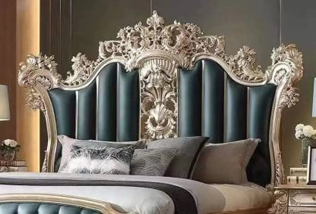 AARIJ MART Arts Solid Teak Wooden Carving Royal King Size Bed | Luxury Bed | Modern Bed for Bedroom, Hotel & Home, Golden Finish, (198L x 190W x 182H Centimeters)