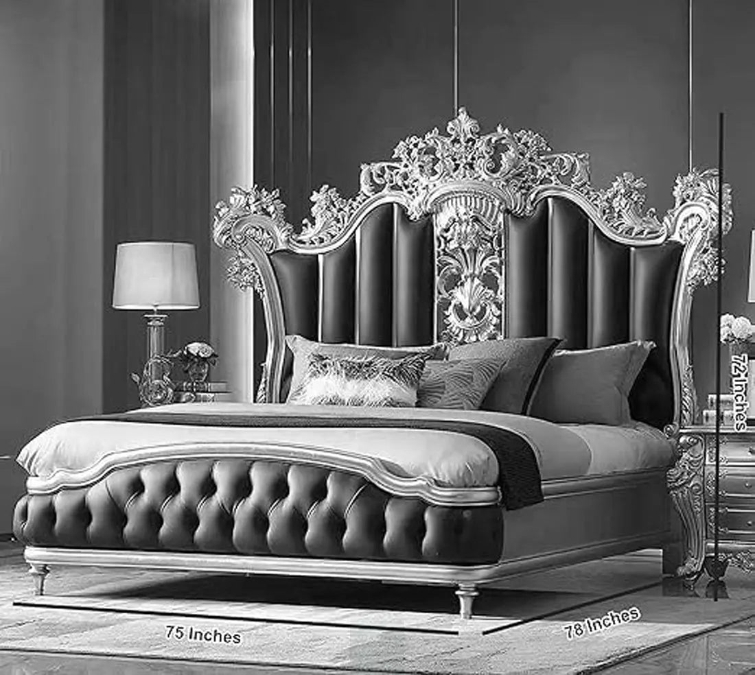 AARIJ MART Arts Solid Teak Wooden Carving Royal King Size Bed | Luxury Bed | Modern Bed for Bedroom, Hotel & Home, Golden Finish, (198L x 190W x 182H Centimeters)