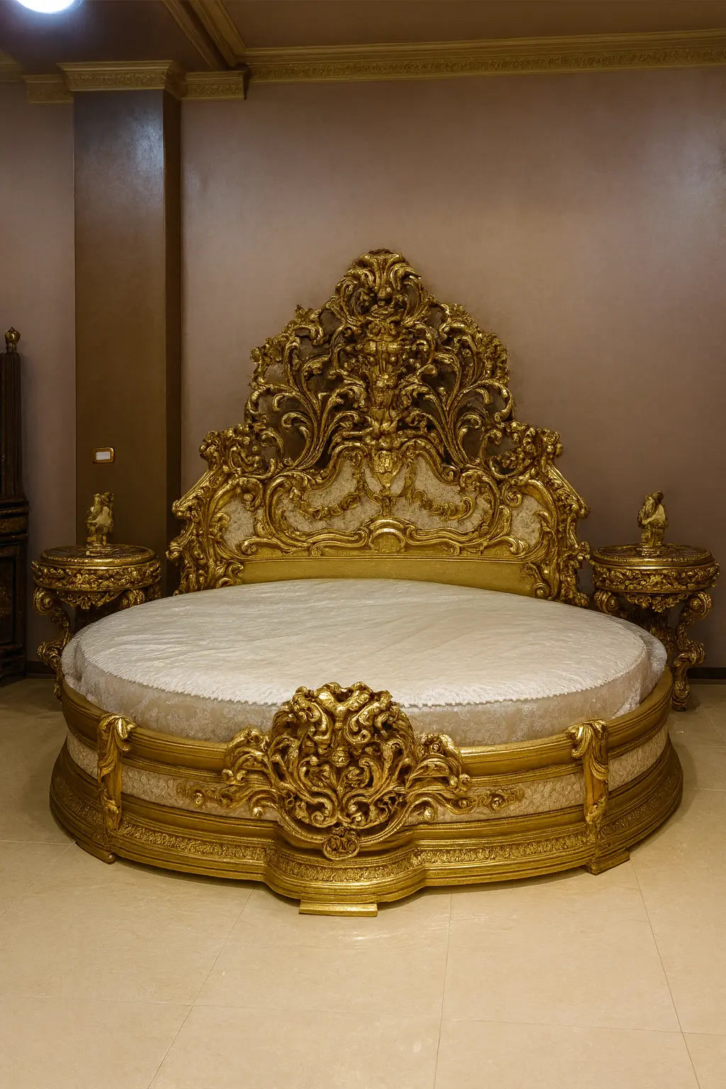 AARIJ MART Wooden Craving Bed (Round Shaped) Teak Wood with Luxury Carving Work and Beautiful interiors for Royal Bedrooms/sharanpur (Golden Polish) Queen