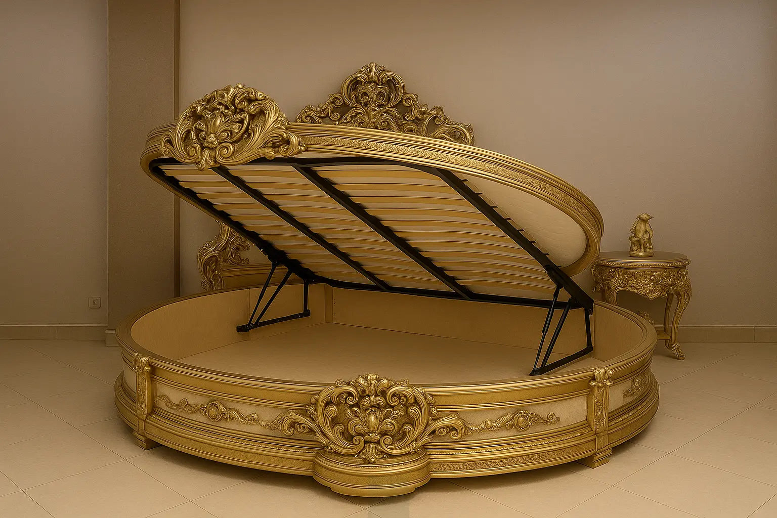 AARIJ MART Wooden Craving Bed (Round Shaped) Teak Wood with Luxury Carving Work and Beautiful interiors for Royal Bedrooms/sharanpur (Golden Polish) Queen