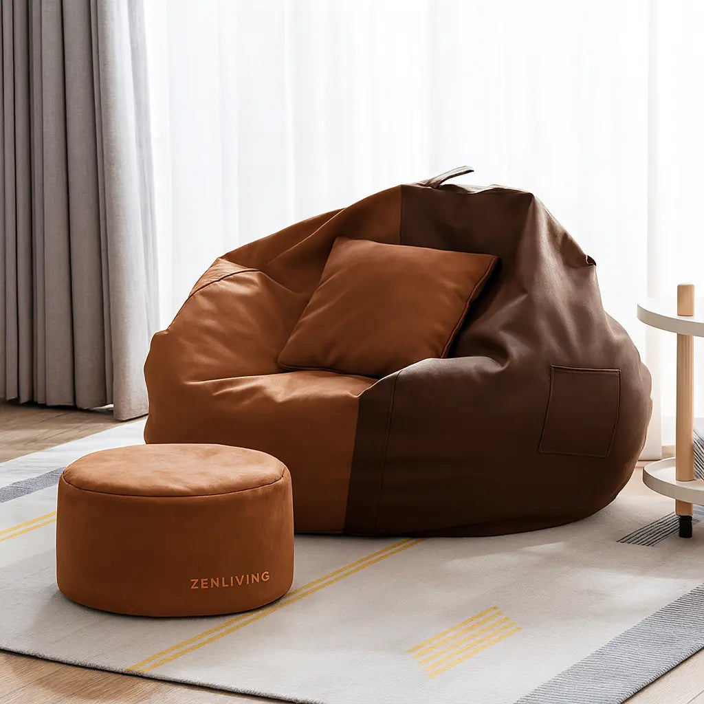 ZenLiving® 3XL Filled Bean Bag Combo – Faux Leather | Brown & Tan | Footrest + Cushion Zen Living