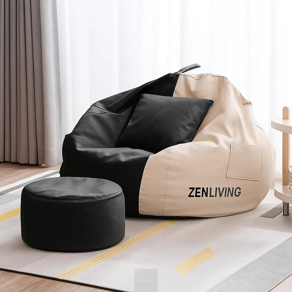 ZenLiving® 3XL Filled Bean Bag Combo – Faux Leather | Cream & Black | Footrest + Cushion Zen Living