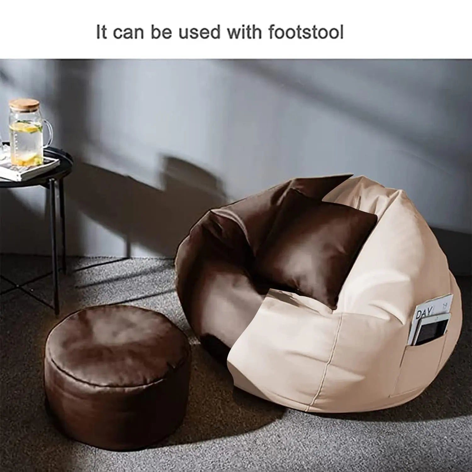 ZenLiving® 3XL Filled Bean Bag Combo – Faux Leather | Cream & Brown | Footrest + Cushion Zen Living