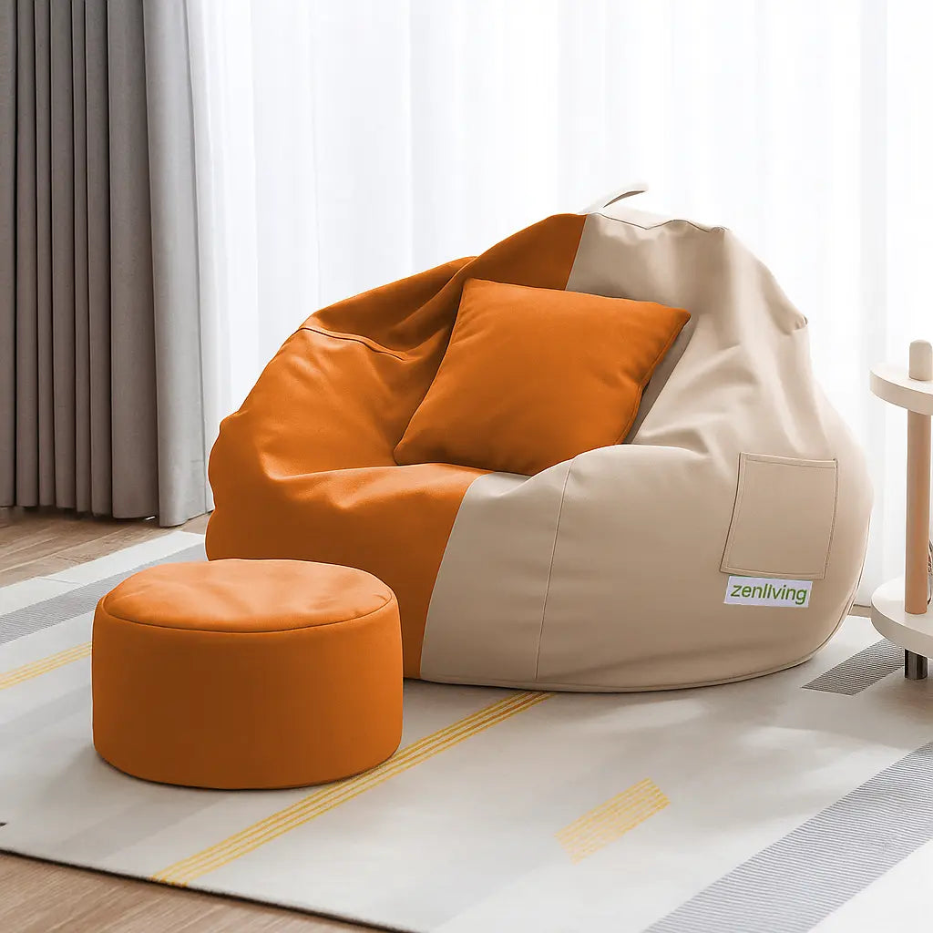 ZenLiving® 3XL Filled Bean Bag Combo – Faux Leather | Cream & Orange | Footrest + Cushion Zen Living