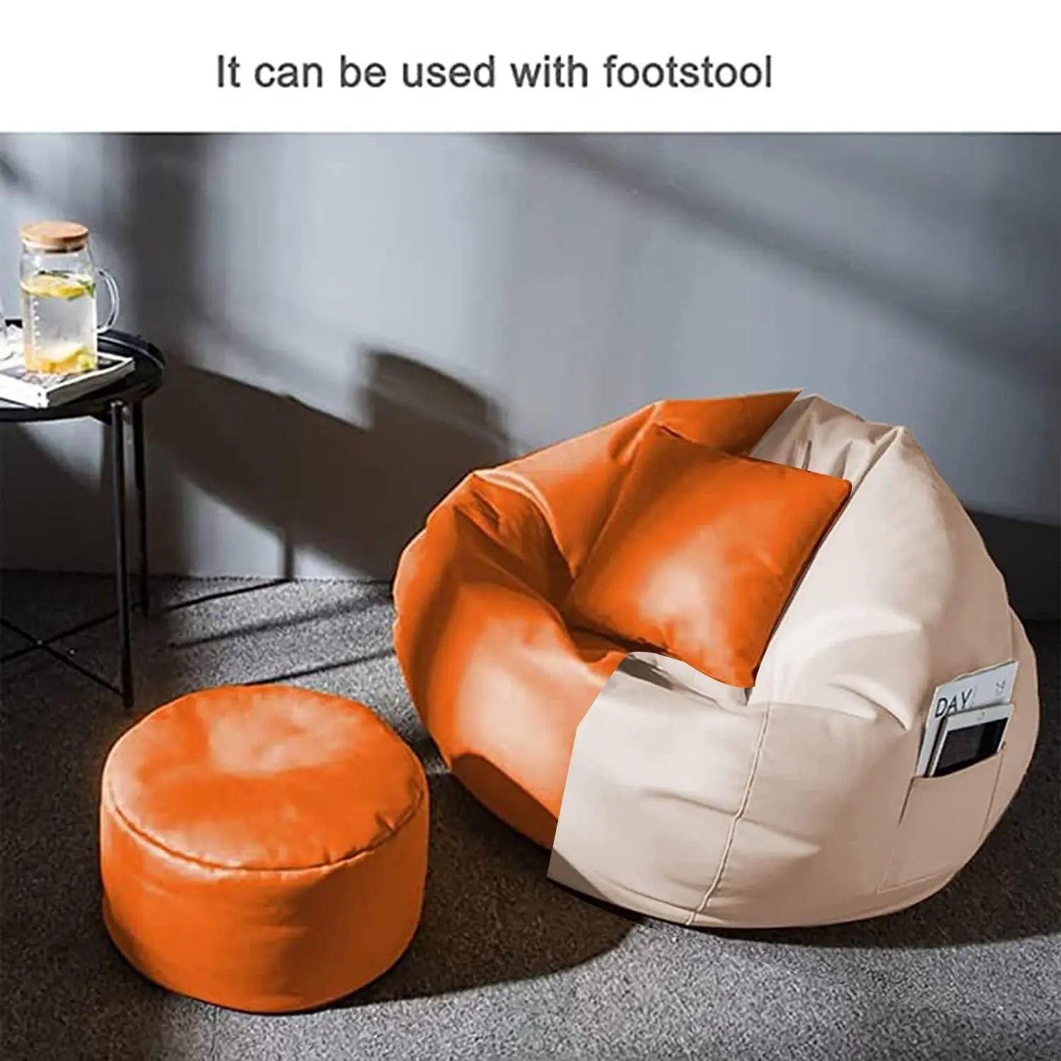 ZenLiving® 3XL Filled Bean Bag Combo – Faux Leather | Cream & Orange | Footrest + Cushion Zen Living