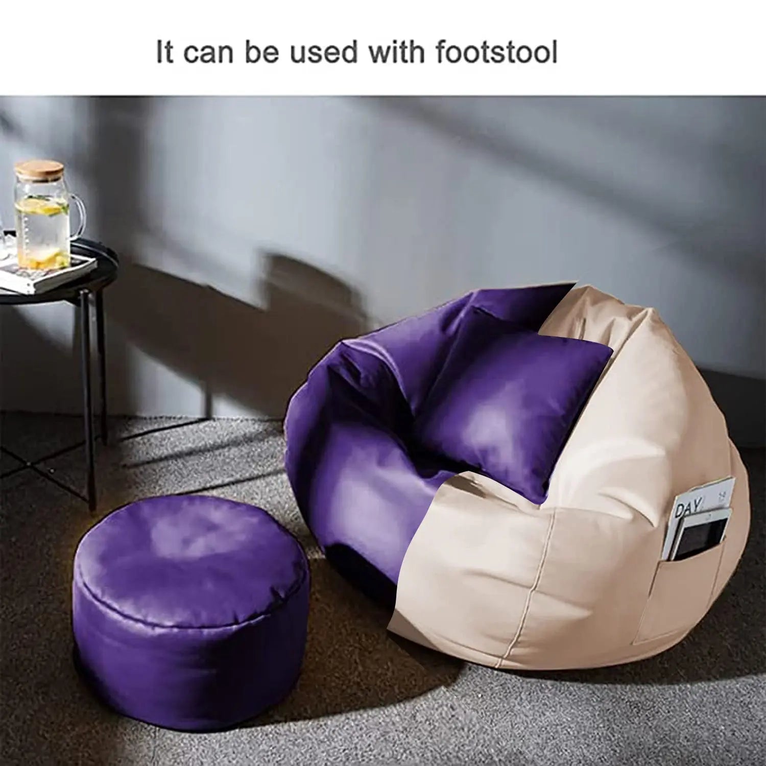 ZenLiving® 3XL Filled Bean Bag Combo – Faux Leather | Cream & Purple | Footrest + Cushion Zen Living