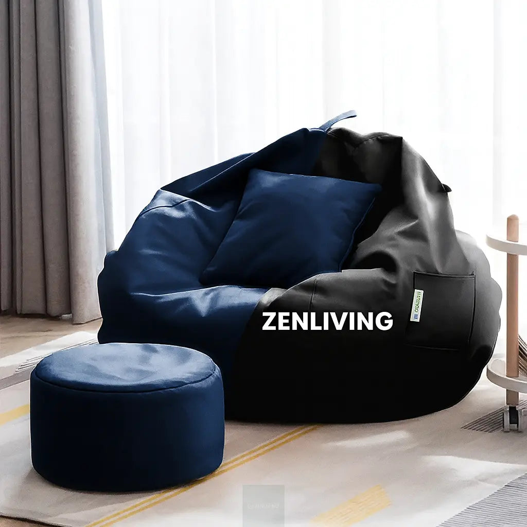 ZenLiving® 3XL Filled Bean Bag Combo – Faux Leather | Navy Blue & Black | Footrest + Cushion Zen Living