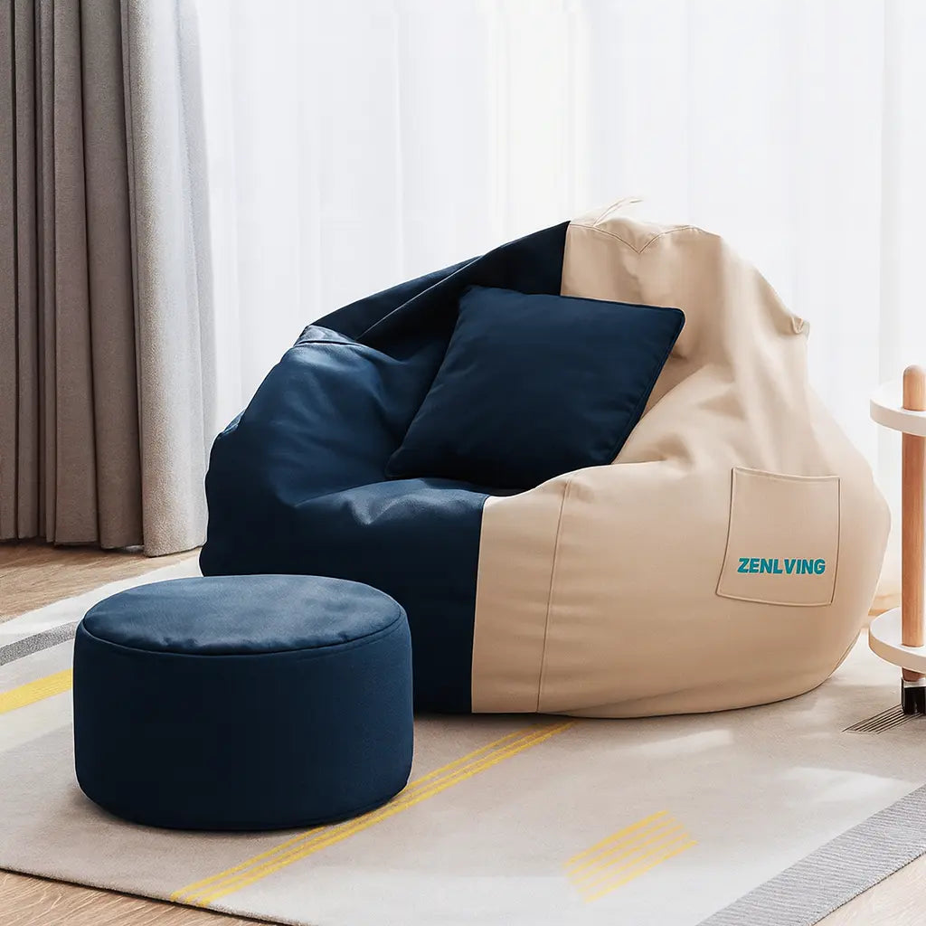 ZenLiving® 3XL Filled Bean Bag Combo – Faux Leather | Navy Blue & Cream | Footrest + Cushion Zen Living