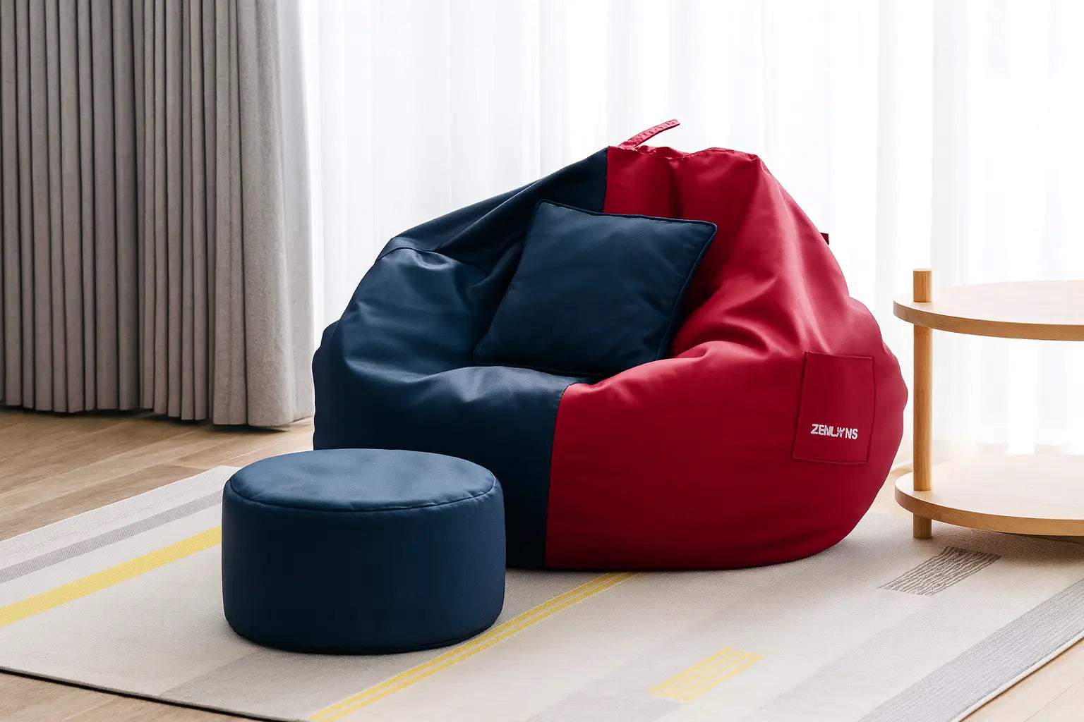 ZenLiving® 3XL Filled Bean Bag Combo – Faux Leather | Navy Blue & Red | Footrest + Cushion Zen Living