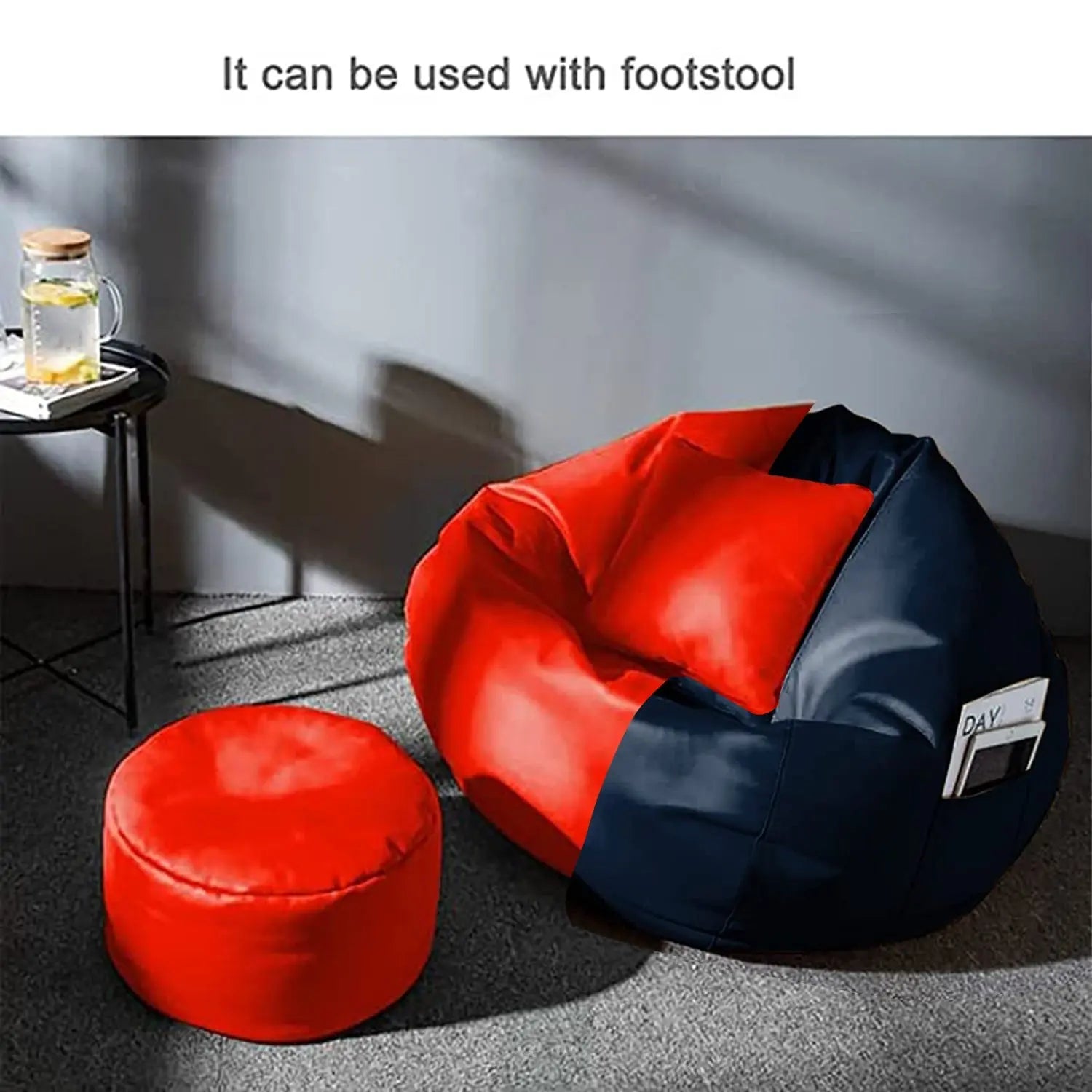 ZenLiving® 3XL Filled Bean Bag Combo – Faux Leather | Navy Blue & Red | Footrest + Cushion Zen Living