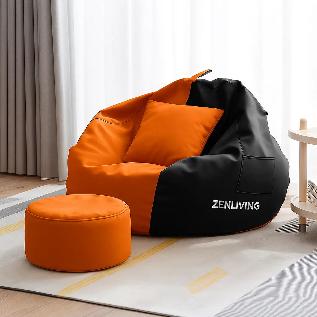 ZenLiving® 3XL Filled Bean Bag Combo – Faux Leather | Orange & Black | Footrest + Cushion Zen Living