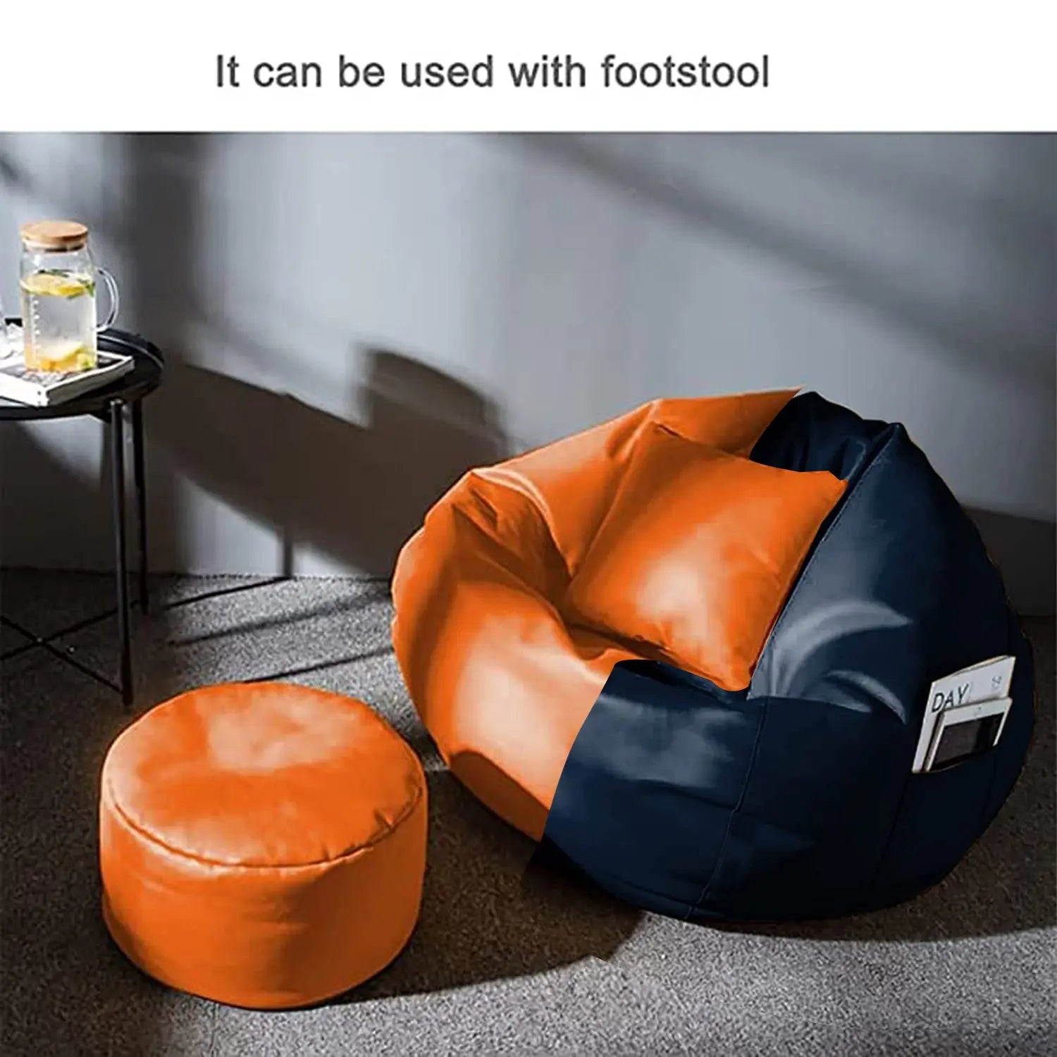 ZenLiving® 3XL Filled Bean Bag Combo – Faux Leather | Orange & Navy | Footrest + Cushion Zen Living