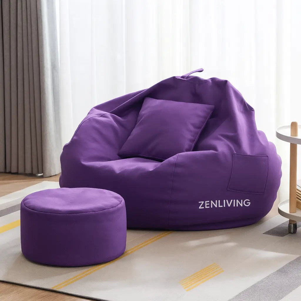 ZenLiving® 3XL Filled Bean Bag Combo – Faux Leather | Purple | Footrest + Cushion Zen Living
