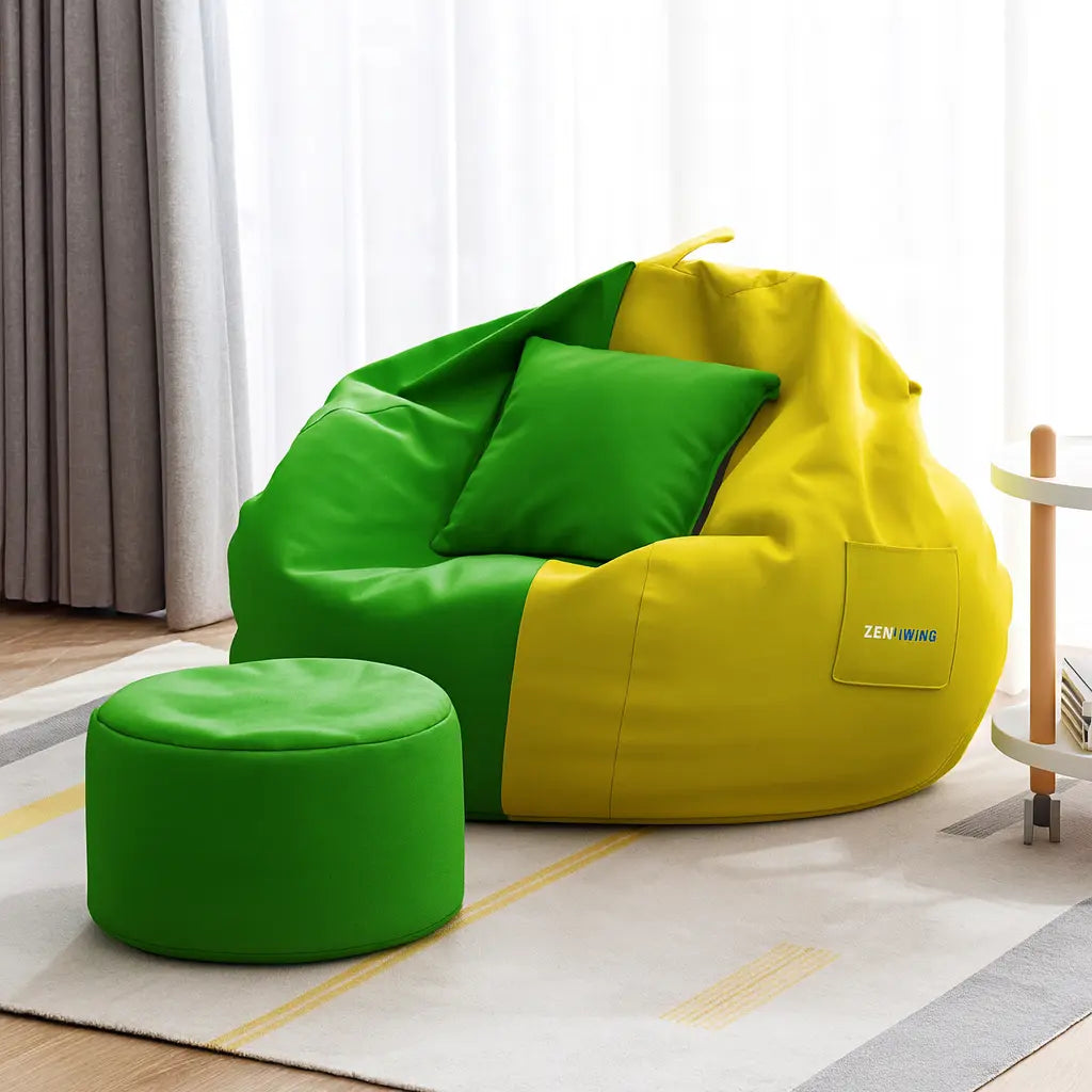 ZenLiving® 3XL Filled Bean Bag Combo – Faux Leather | Yellow & Green | Footrest + Cushion Zen Living