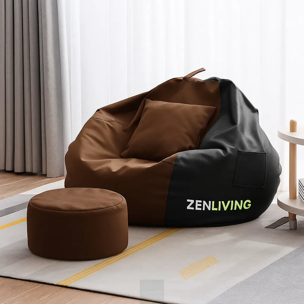 ZenLiving® 4XL Filled Bean Bag Combo – Faux Leather | Black & Brown | Footrest + Cushion Zen Living