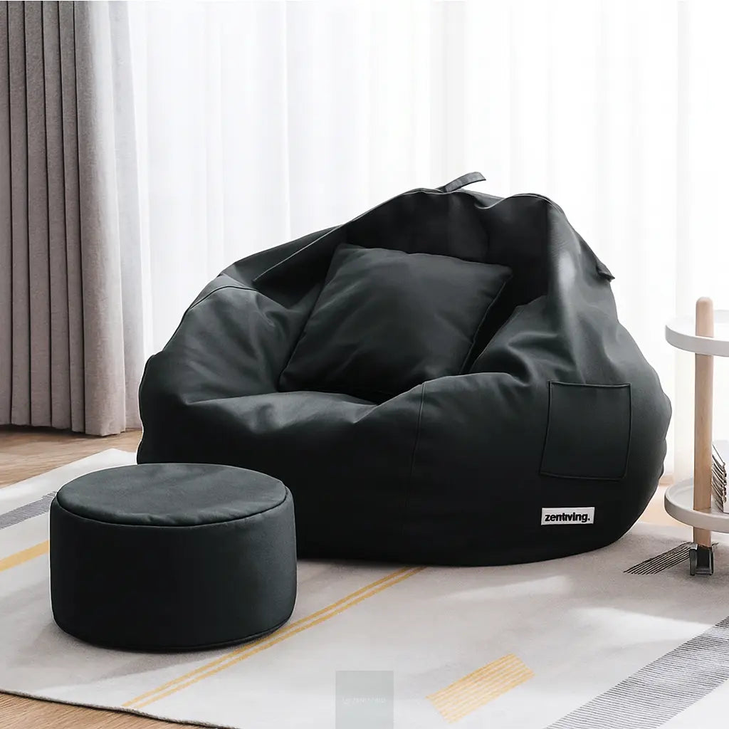 ZenLiving® 4XL Filled Bean Bag Combo – Faux Leather | Black | Footrest + Cushion Zen Living