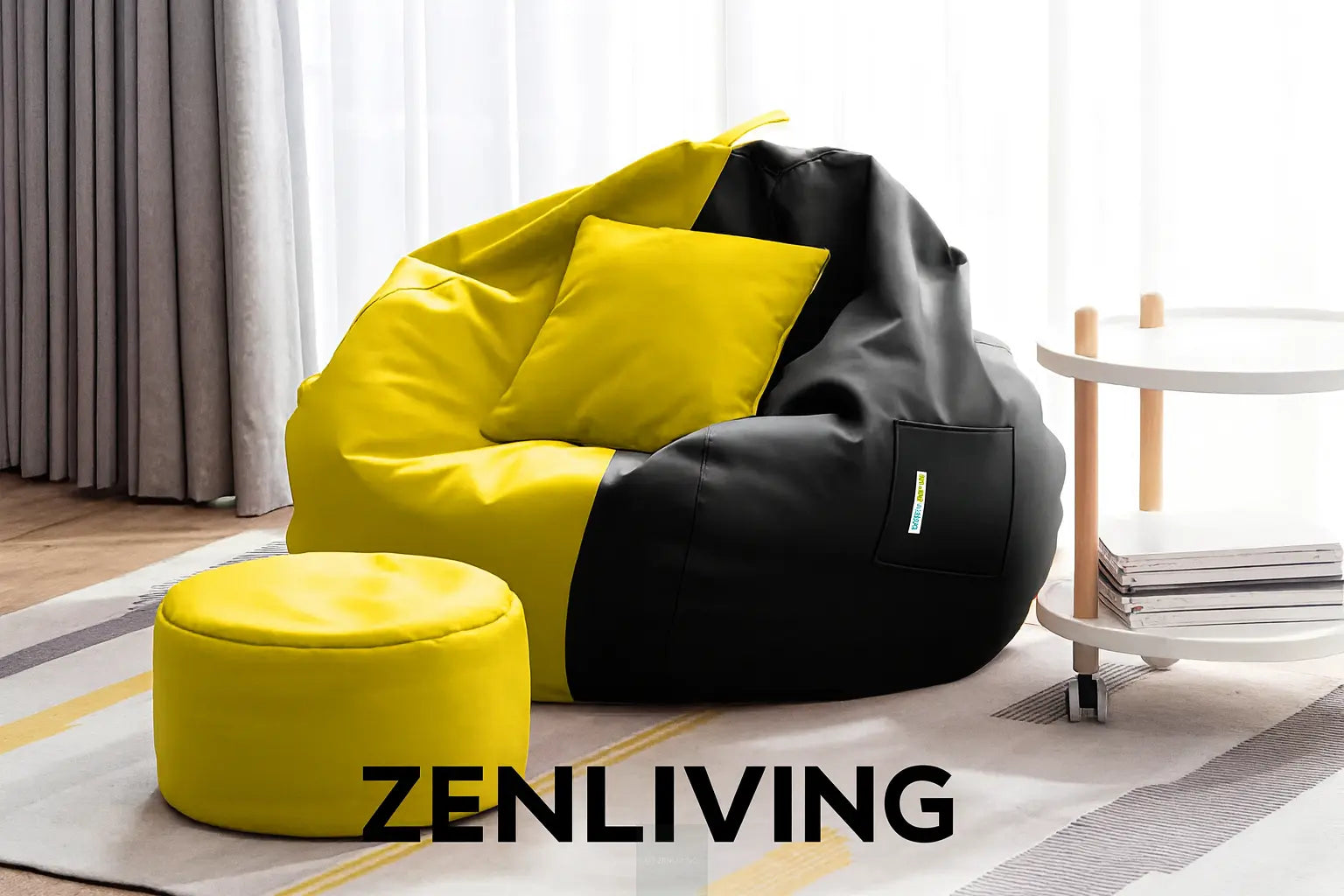 ZenLiving® 4XL Filled Bean Bag Combo – Faux Leather | Black & Yellow | Footrest + Cushion Zen Living