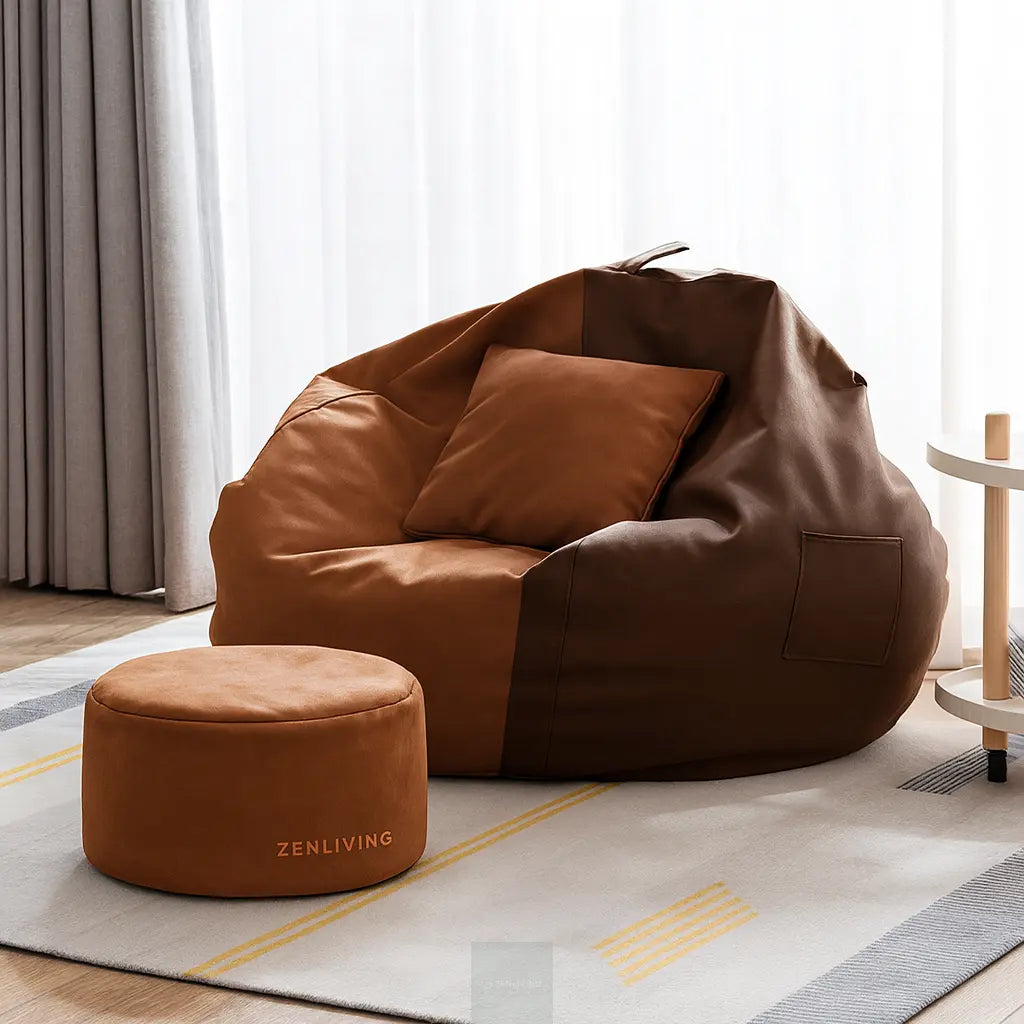 ZenLiving® 4XL Filled Bean Bag Combo – Faux Leather | Brown & Tan | Footrest + Cushion Zen Living