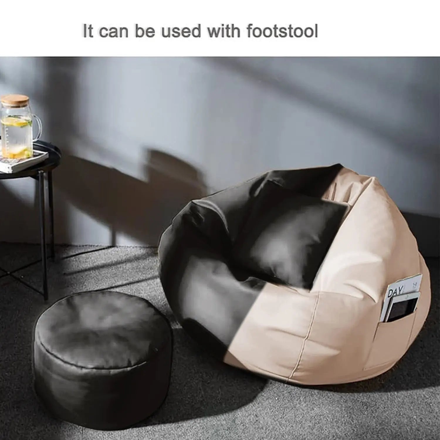 ZenLiving® 4XL Filled Bean Bag Combo – Faux Leather | Cream & Black | Footrest + Cushion Zen Living