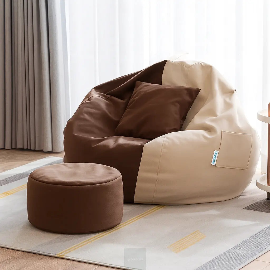 ZenLiving® 4XL Filled Bean Bag Combo – Faux Leather | Cream & Brown | Footrest + Cushion Zen Living