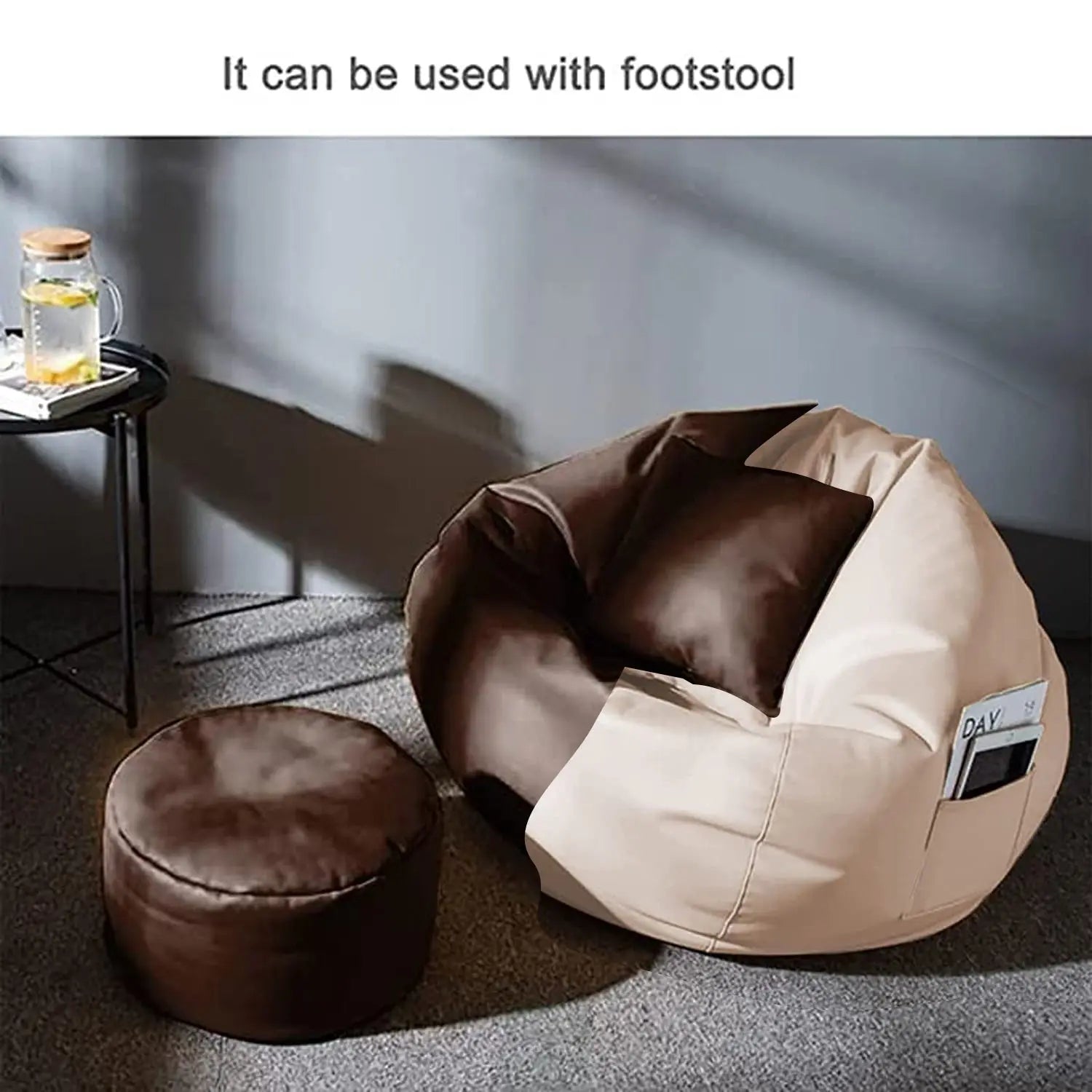 ZenLiving® 4XL Filled Bean Bag Combo – Faux Leather | Cream & Brown | Footrest + Cushion Zen Living