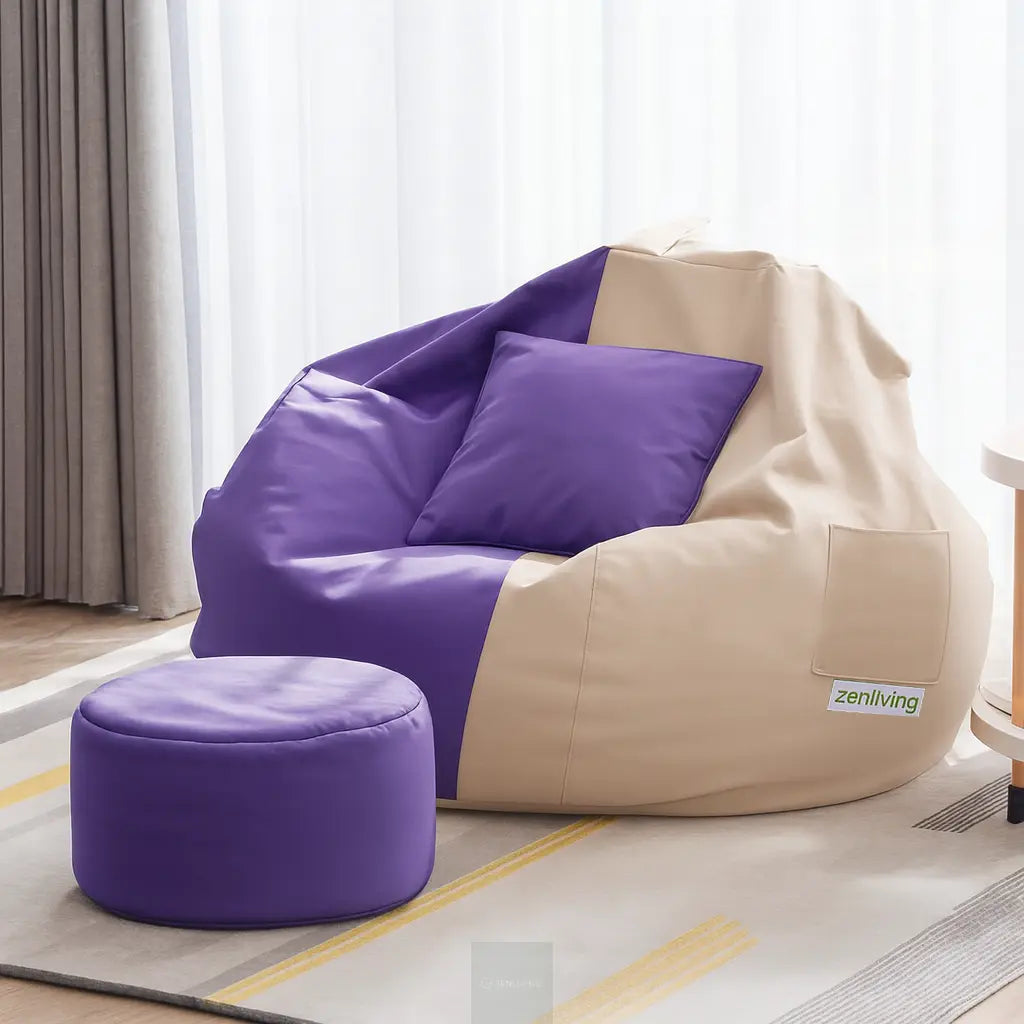 ZenLiving® 4XL Filled Bean Bag Combo – Faux Leather | Cream & Purple | Footrest + Cushion Zen Living