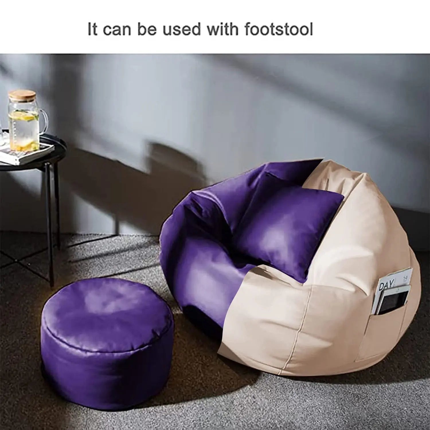 ZenLiving® 4XL Filled Bean Bag Combo – Faux Leather | Cream & Purple | Footrest + Cushion Zen Living