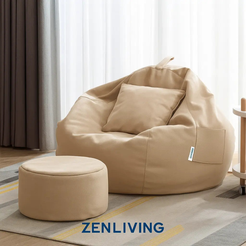ZenLiving® 4XL Filled Bean Bag Combo – Faux Leather | Cream| Footrest + Cushion Zen Living