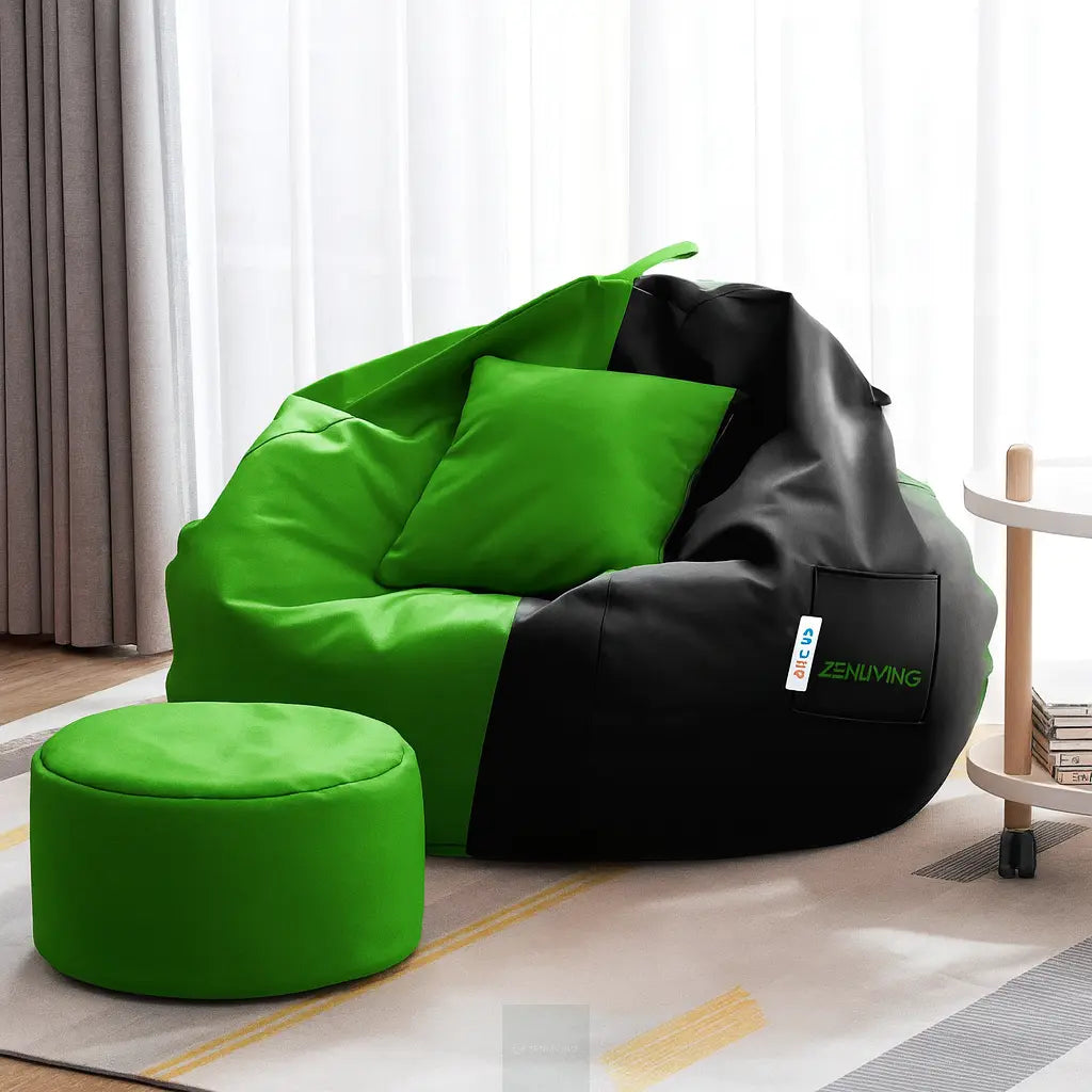 ZenLiving® 4XL Filled Bean Bag Combo – Faux Leather | Green & Black  | Footrest + Cushion Zen Living