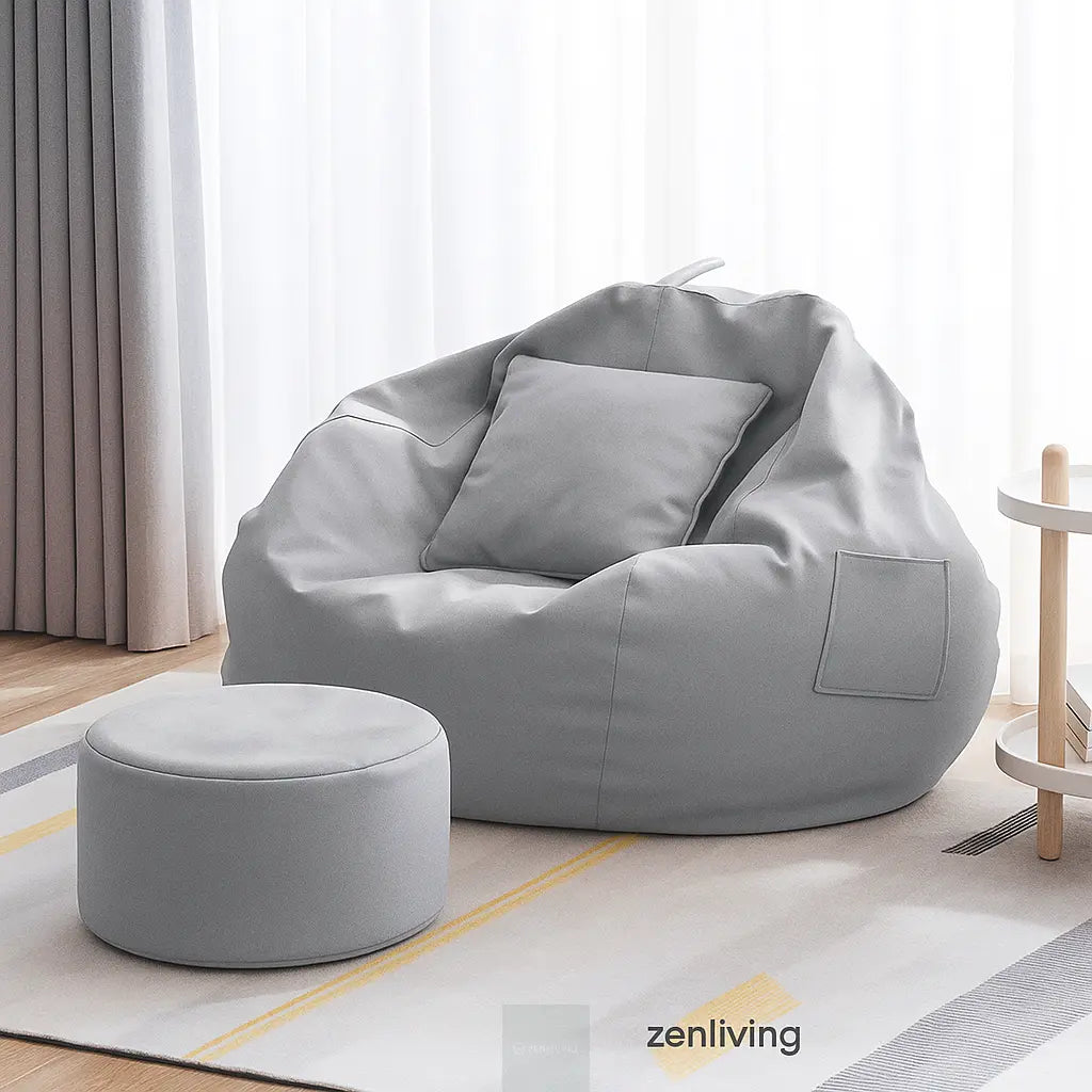 ZenLiving® 4XL Filled Bean Bag Combo – Faux Leather | Grey | Footrest + Cushion Zen Living