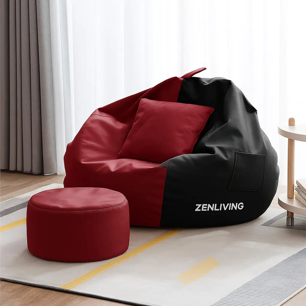 ZenLiving® 4XL Filled Bean Bag Combo – Faux Leather | Maroon  & Black | Footrest + Cushion Zen Living