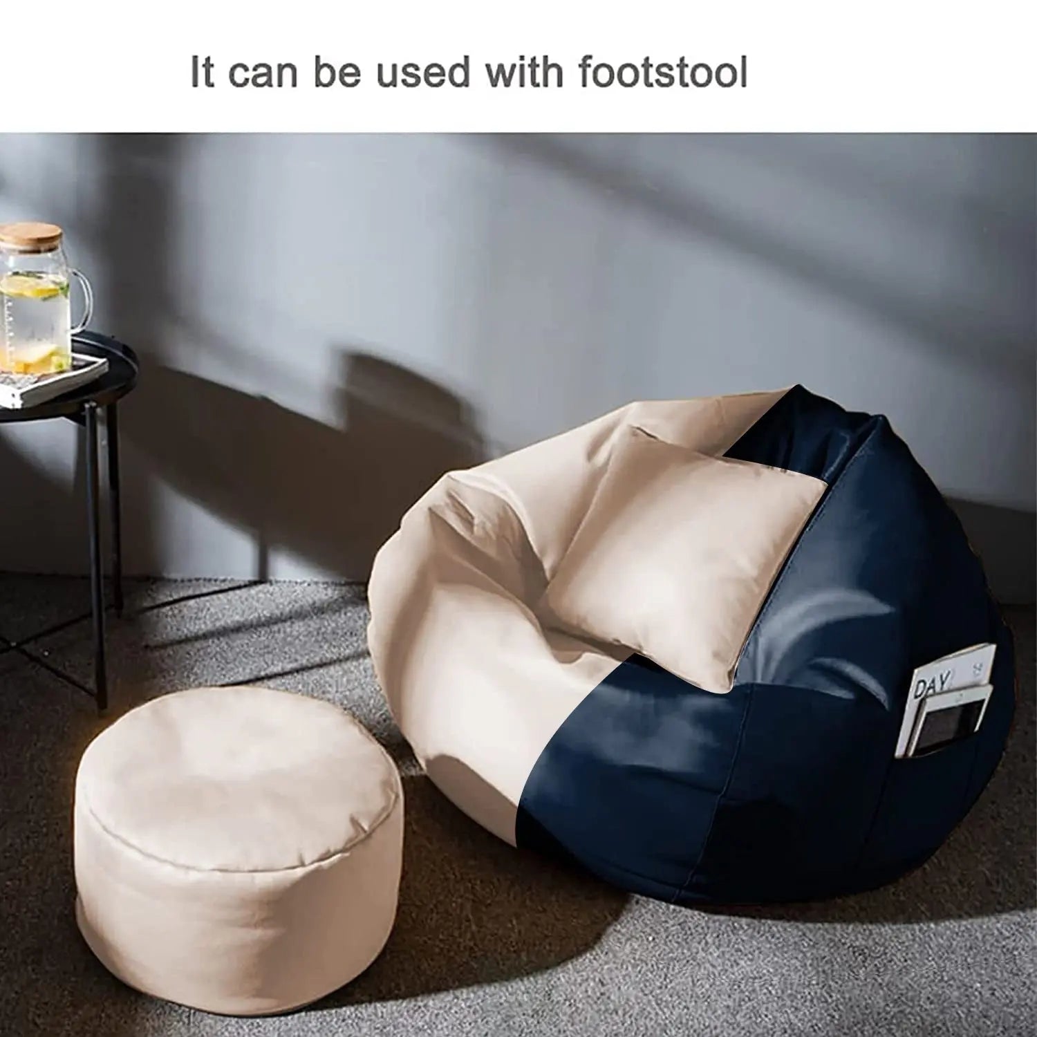 ZenLiving® 4XL Filled Bean Bag Combo – Faux Leather | Navy Blue & Cream | Footrest + Cushion Zen Living